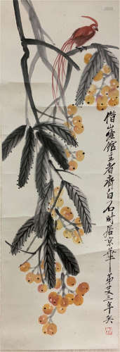 A CHINESE SCROLL PAINTING OF FLOWER BIRD WITH CALLIGRAPHY