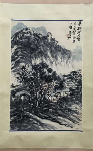 A CHINESE SCROLL PAINTING OF LANDSCAPE WITH CALLIGRAPHY