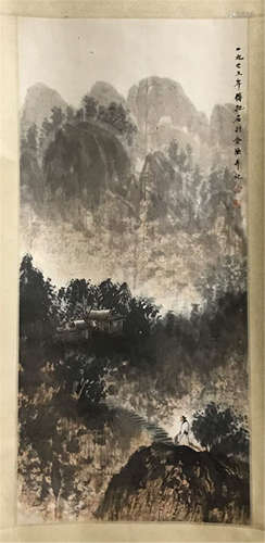 A CHINESE SCROLL PAINTING OF LANDSCAPE WITH CALLIGRAPHY