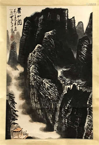 A CHINESE SCROLL PAINTING OF LANDSCAPE WITH CALLIGRAPHY