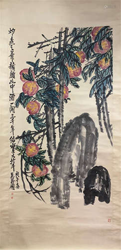 A CHINESE SCROLL PAINTING OF FLOWER WITH CALLIGRAPHY