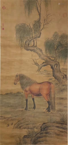 A CHINESE SCROLL PAINTING OF HORSE UNDER TREE