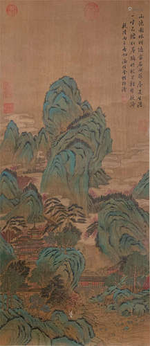 A CHINESE SCROLL PAINTING OF MOUNTAIN VIEW WITH CALLIGRAPHY