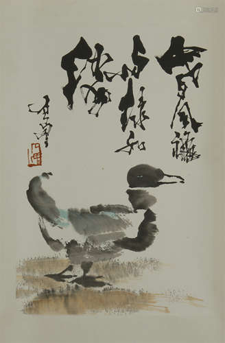 A CHINESE SCROLL PAINTING OF DUCK WITH CALLIGRAPHY