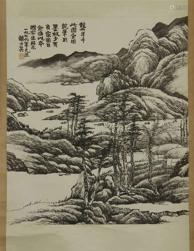 A CHINESE SCROLL PAINTING OF LANDSCAPE WITH CALLIGRAPHY