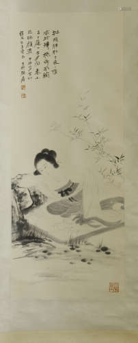 A CHINESE SCROLL PAINTING OF BEAUTY WITH CALLIGRAPHY