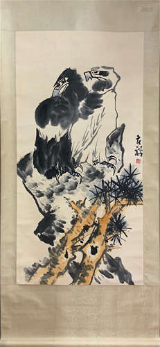 A CHINESE SCROLL PAINTING OF EAGLES ON TREE