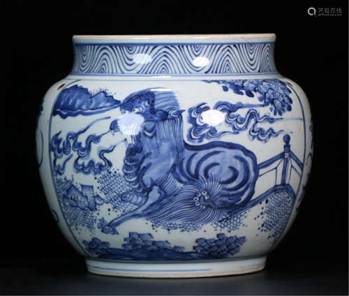 A CHINESE PORCELAIN BLUE AND WHITE BEAST JAR