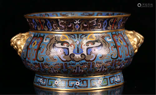 A CHINESE BRONZE CLOISONNE DOUBLE LION EARS INCENSE BURNER