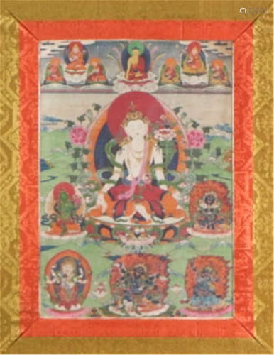 TIBETAN THANGKA OF SEATED GUANYIN