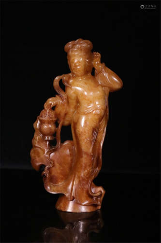 A CHINESE CARVED JADE WOMAN TABLE ITEM