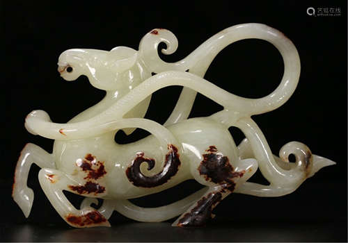 A CHINESE CARVED JADE WITH BLACK INLAID HORSE TABLE ITEM