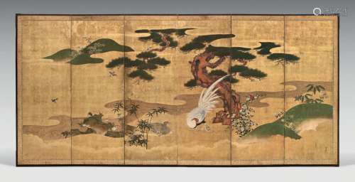 Six panel folding screen with gold leaf background…