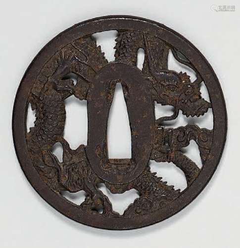 Set of three iron Tsuba (2 Dragon decor, 1 hammere…