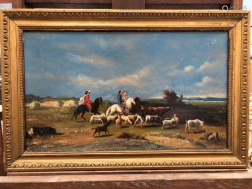 Ecole orientalise du XIXe siècle. Caravane et troupeau. Huile sur toile. 32,5 x 55 cm. -