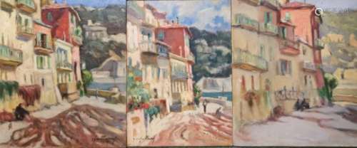 Jean GALLAND (1880-1958). Les raccommodeurs de filets à Villefranche-sur-Mer. Trois [...]