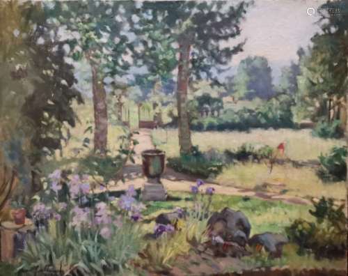 Jean GALLAND (1880-1958). Jardin fleuri à Estrablin. Huile sur toile, signée et [...]