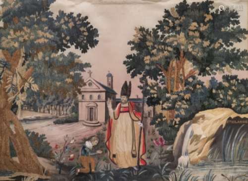 Peinture à l'aiguille représentant saint Claude dans un paysage à la cascade d'eau [...]