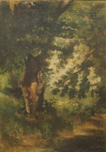 Henri Joseph HARPIGNIES (1819-1916). Arbre au bord du chemin. Huile sur toile [...]