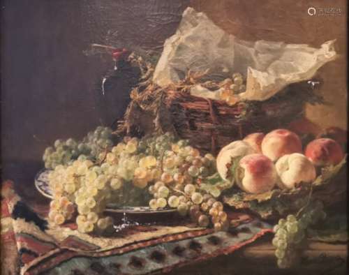 Henri BIVA (1848-1929). Nature aux pèches, raisins