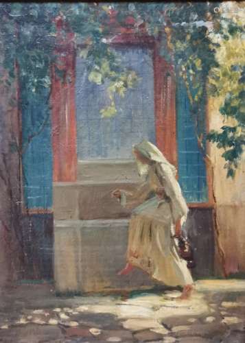 Ecole française début XXe. Jeune femme près de la fontaine par un après-midi [...]