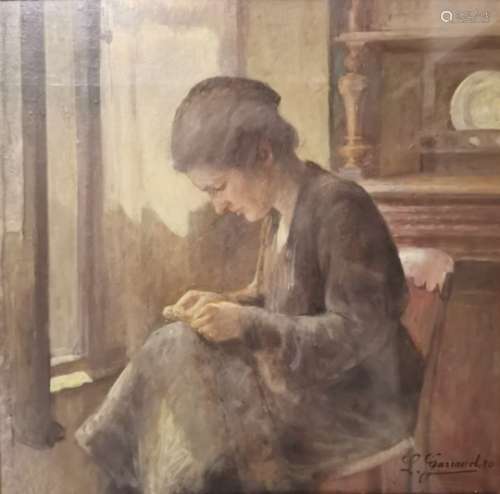 Léon GARRAUD (1877-1961). Jeune femme à l'ouvrage devant la fenêtre. Huile sur [...]