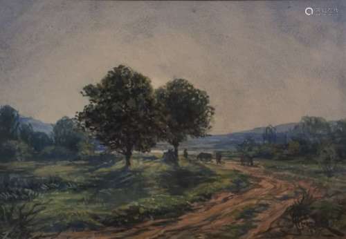 André Léon ALBERTIN (1867-1933). Chemin animé au matin. Aquarelle, signée et [...]