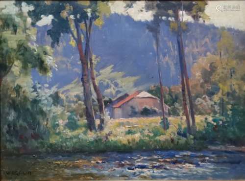 Emile WEGELIN (1875-1962). Maison au bord du fleuve à la Frasnée (Jura). Huile sur [...]
