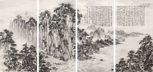 傅益瑶 b.1947 赤壁山水四屏 镜片 水墨纸本