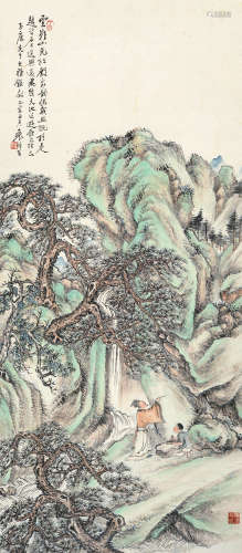 袁培基 1856～1943 山涧书壁 立轴 设色纸本