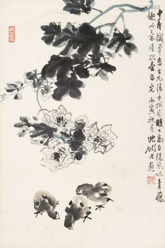 沈彬如 1915～2008 芙蓉雏鸡 立轴 设色纸本