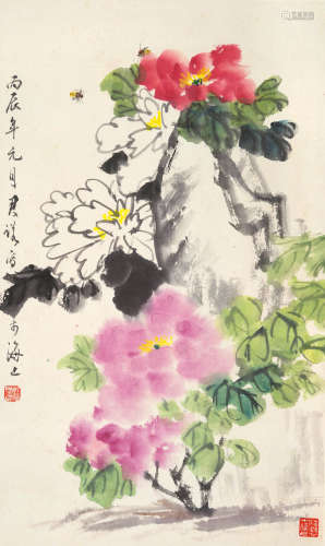 潘君诺 1906～1981 牡丹蜜蜂 立轴 设色纸本