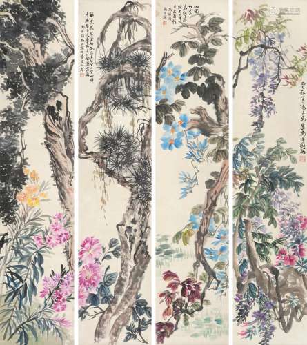 马万里 1904～1979 花卉 四屏 立轴 设色纸本