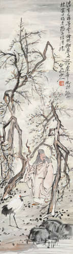 王震 1867～1938 梅妻鹤子图 立轴 设色纸本