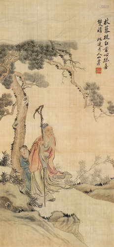 黄山寿 1855～1919 杖藜双清图 立轴 设色绢本