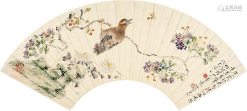 丁宝书 1865～1935 花鸟 扇片 设色纸本
