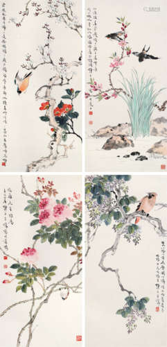 王师子 花鸟四屏 镜片 设色纸本