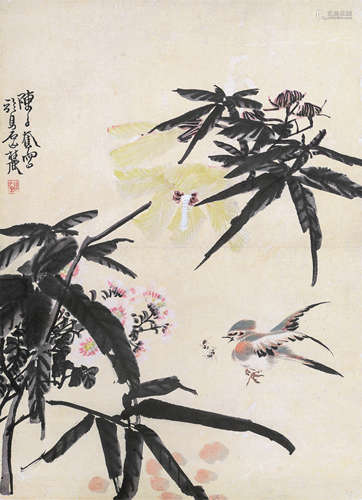 陈子奋 花鸟 镜片 设色纸本