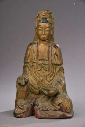 CHINE XIXe siècle. Statuette de Guanyin en bois la…