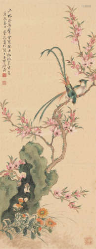 蔡铣（1897～1960） 1940年作 幽鸟红桃 轴 设色纸本
