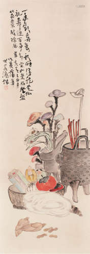 蒲华（1839～1911） 1911年作 灵芝祝寿图 轴 设色纸本