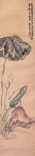 王友石（1892～1965） 1940年作 荷花蜻蜓 轴 设色纸本