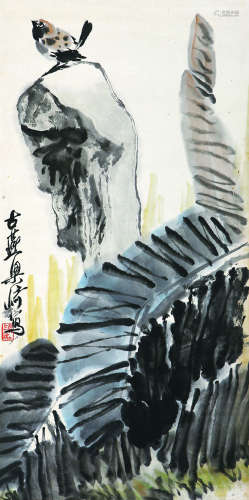 梁崎（1909～1996） 芭蕉麻雀 立轴 设色纸本