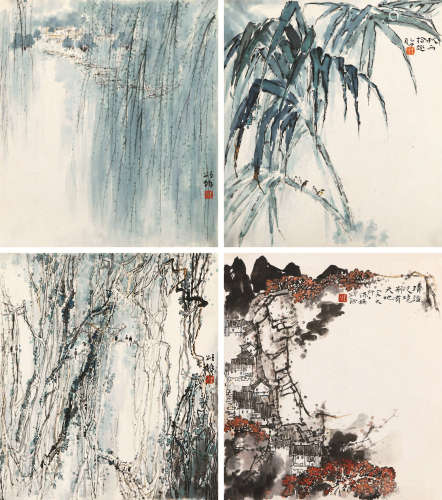 王颂余（1910～2005） 山水 四屏镜心 设色纸本