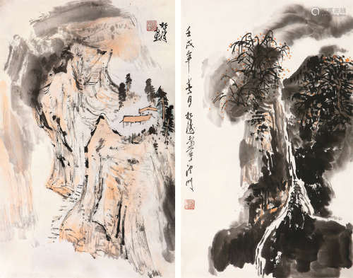 赵松涛（1916～1993） 山水 双屏镜框 设色纸本