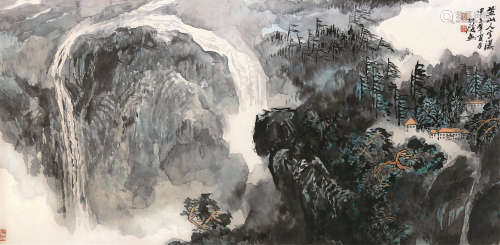 赵松涛（1916～1993） 1984年作 黄山人字瀑 镜框 设色纸本