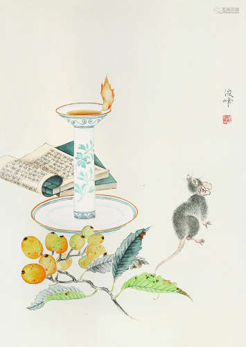 焦俊峰（b.1971） 灯台鼠趣 托片 设色纸本