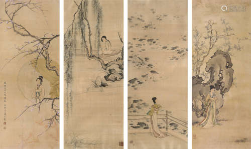 陈少梅（1909～1954） 1938年作 仕女 四屏镜框 设色绢本