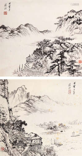 吴镜汀（1904～1972） 1938年作 山水 （二帧） 镜心 水墨纸本