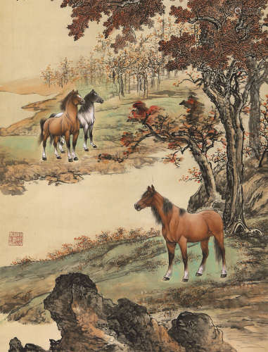 溥佺（1913～1991） 秋林神骏 立轴 设色绢本